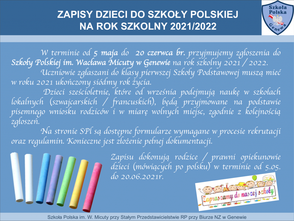 ZAPISY DO SZKOŁY POLSKIEJ NA ROK SZKOLNY 2021/22