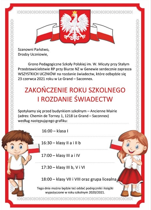 Zakończenie roku szkolnego 2020/21 i rozdanie świadectw